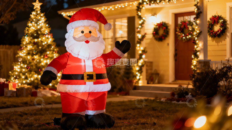 高清大图下载【趣麦麦图】圣诞夜庭院装饰灯光璀璨