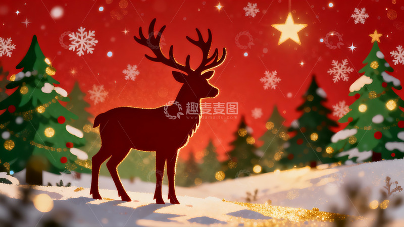 高清大图下载【趣麦麦图】圣诞雪景鹿剪影