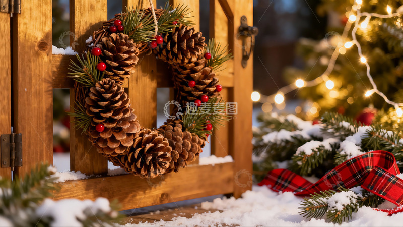 高清大图下载【趣麦麦图】雪地木门上的松果花环