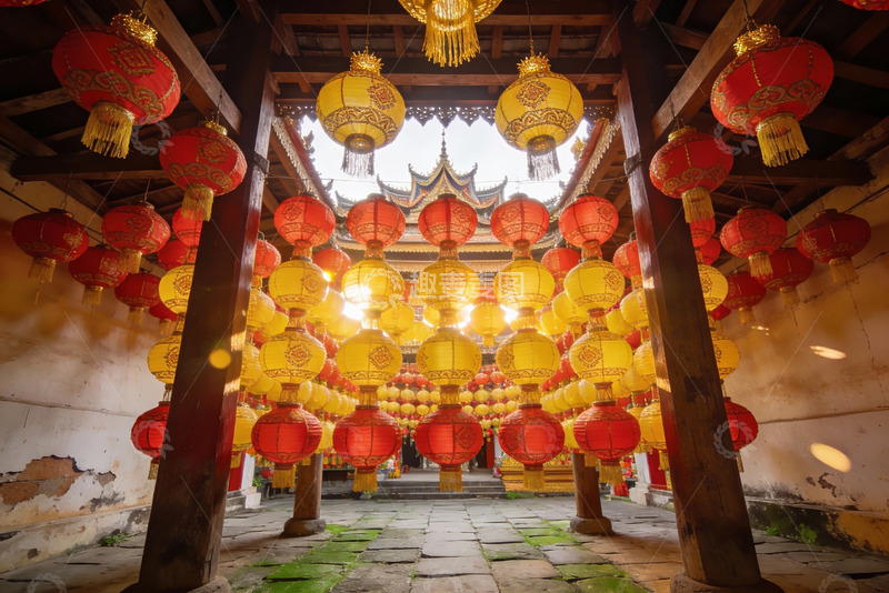 高清大图下载【趣麦麦图】古建筑廊道挂满红黄灯笼