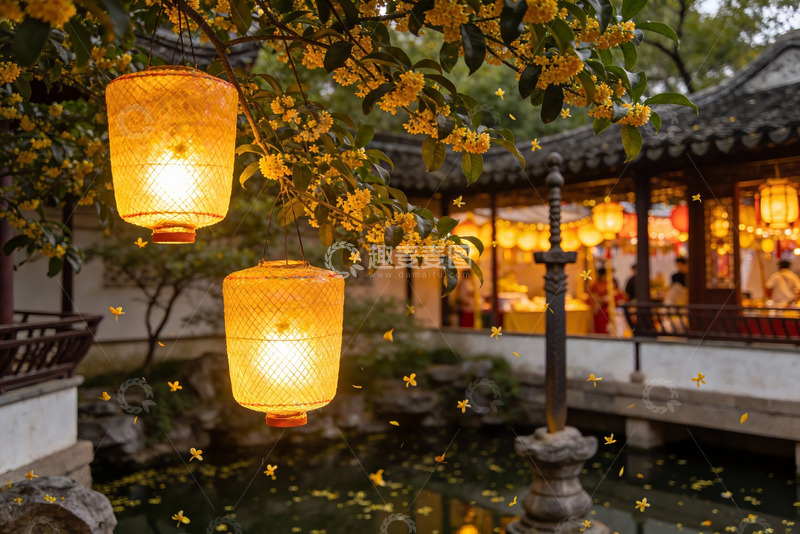 高清大图下载【趣麦麦图】古色古香庭院夜景灯笼与桂花