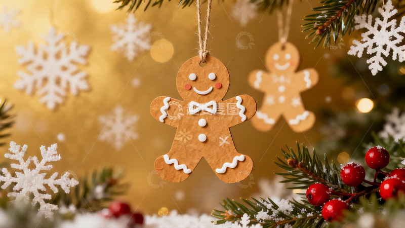 高清大图下载【趣麦麦图】圣诞姜饼人挂饰与松枝雪景