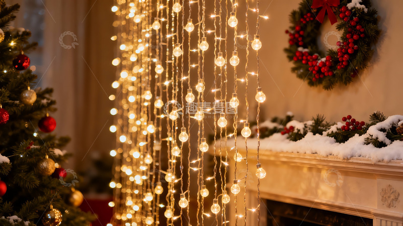 高清大图下载【趣麦麦图】圣诞装饰灯光与花环