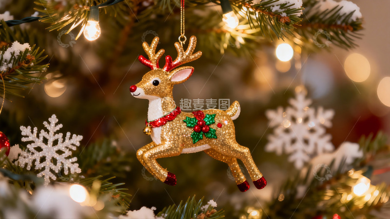 高清大图下载【趣麦麦图】圣诞树上的金色驯鹿挂饰