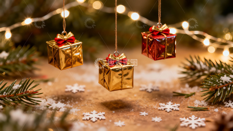 高清大图下载【趣麦麦图】圣诞装饰礼盒与松枝