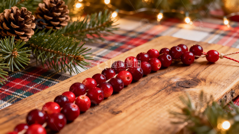 高清大图下载【趣麦麦图】圣诞装饰红果松果木板