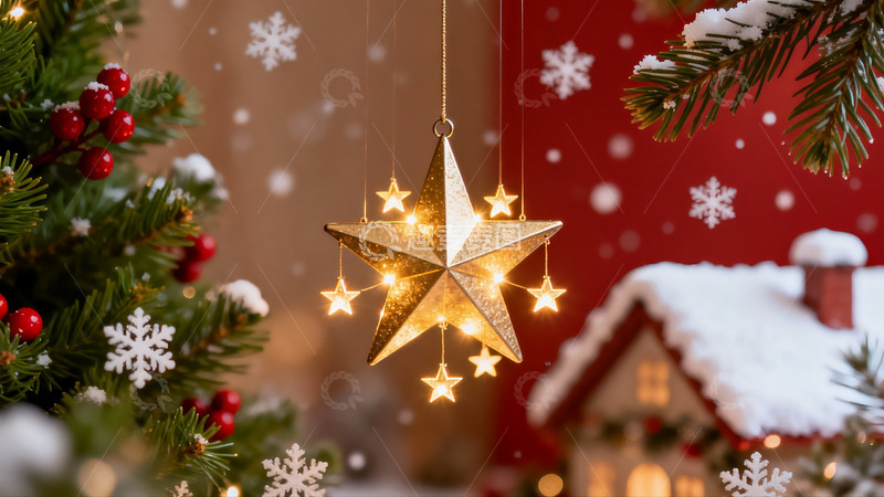 高清大图下载【趣麦麦图】圣诞树上的金色星星装饰
