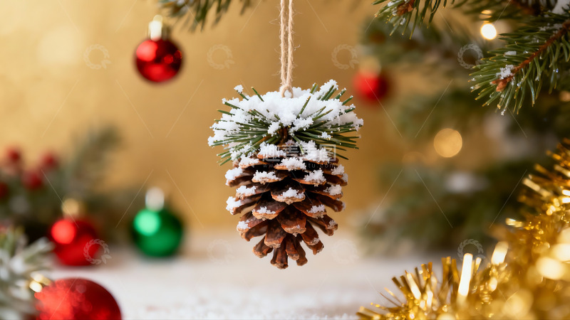 高清大图下载【趣麦麦图】圣诞松果挂饰雪景