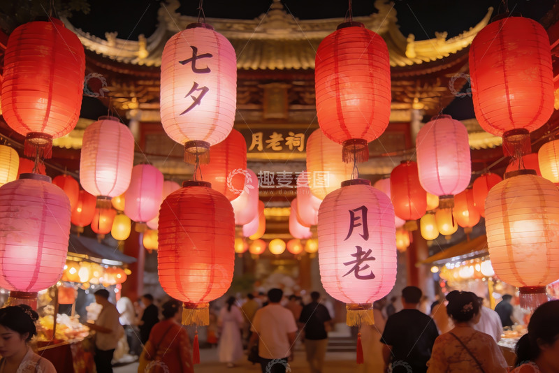 高清大图下载【趣麦麦图】夜市灯笼高挂人群熙攘