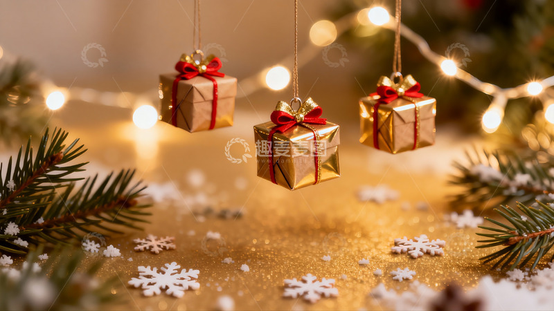 高清大图下载【趣麦麦图】圣诞装饰礼盒与松枝