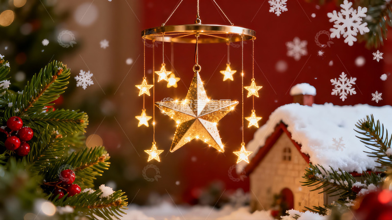 高清大图下载【趣麦麦图】圣诞装饰灯光与雪景小屋