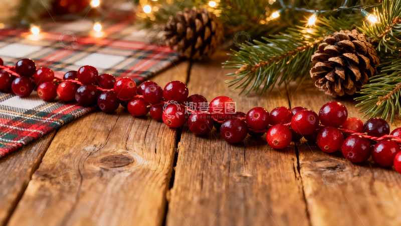 高清大图下载【趣麦麦图】圣诞装饰红果松果木桌
