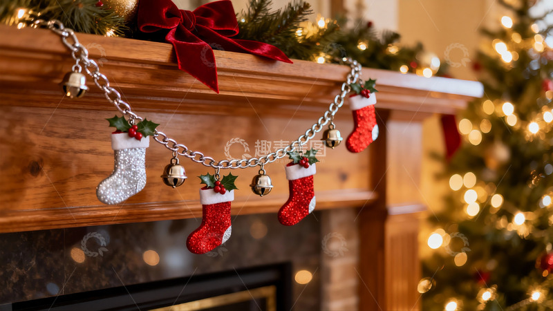 高清大图下载【趣麦麦图】圣诞装饰挂链点缀壁炉