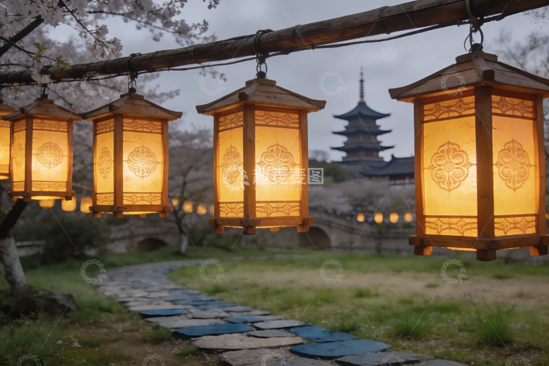 高清大图下载【趣麦麦图】古风灯笼映衬樱花与塔