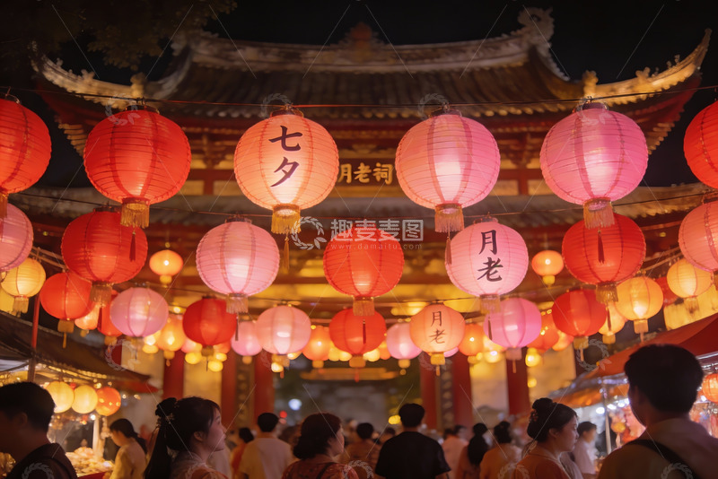 高清大图下载【趣麦麦图】夜市灯笼高挂人群熙攘