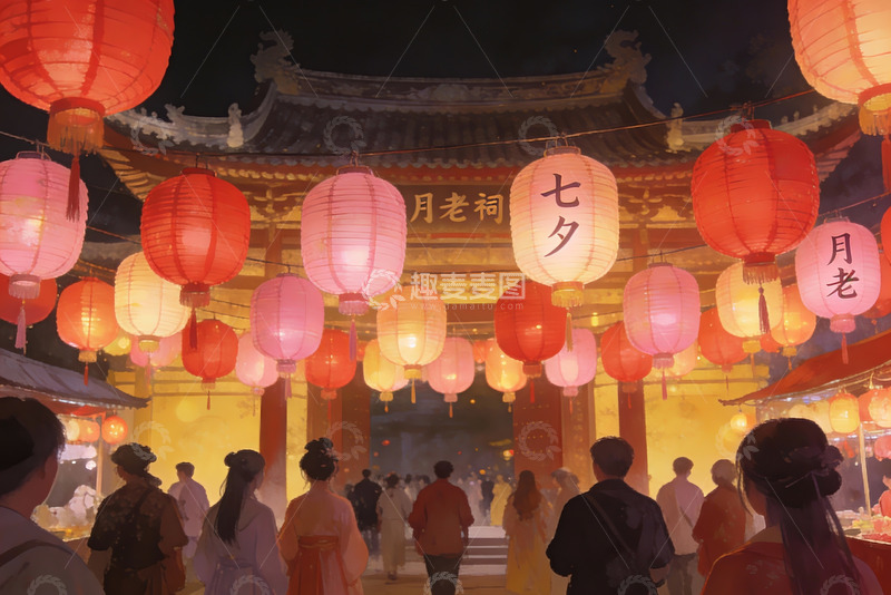 高清大图下载【趣麦麦图】古建筑前灯笼高挂人群熙攘