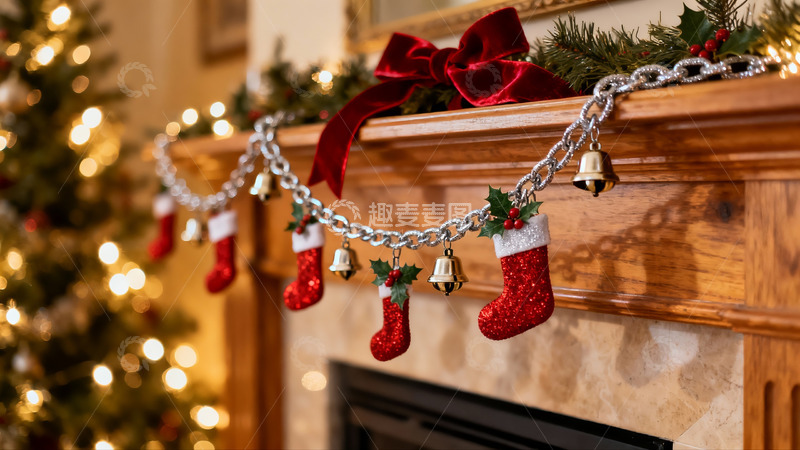 高清大图下载【趣麦麦图】圣诞装饰挂满壁炉架