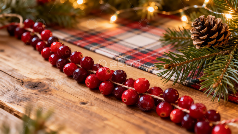高清大图下载【趣麦麦图】圣诞装饰红果松枝木桌