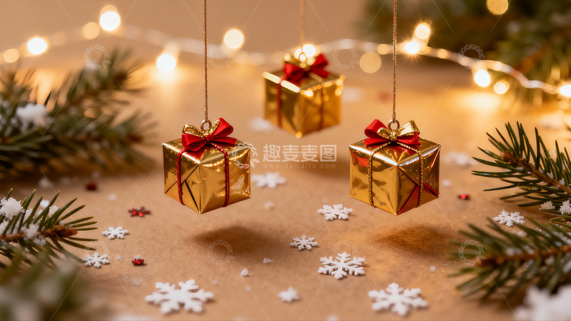 高清大图下载【趣麦麦图】圣诞装饰金盒与松枝