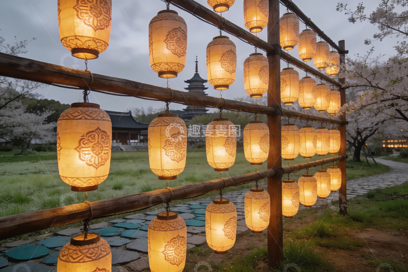 高清大图下载【趣麦麦图】灯笼挂栏樱花树下古建筑