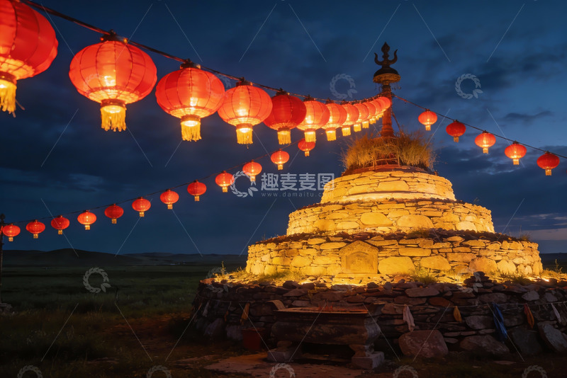 高清大图下载【趣麦麦图】夜幕下的石塔与红灯笼