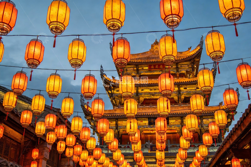 高清大图下载【趣麦麦图】古建筑夜景灯笼高挂
