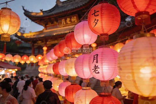 七夕节夜市灯笼高挂人群熙攘