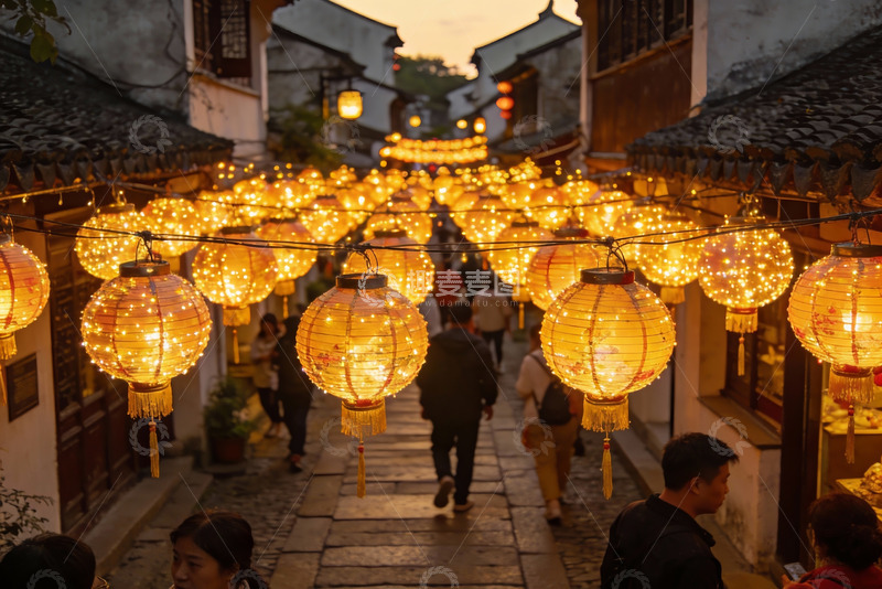 高清大图下载【趣麦麦图】古街夜景灯笼高挂游人漫步