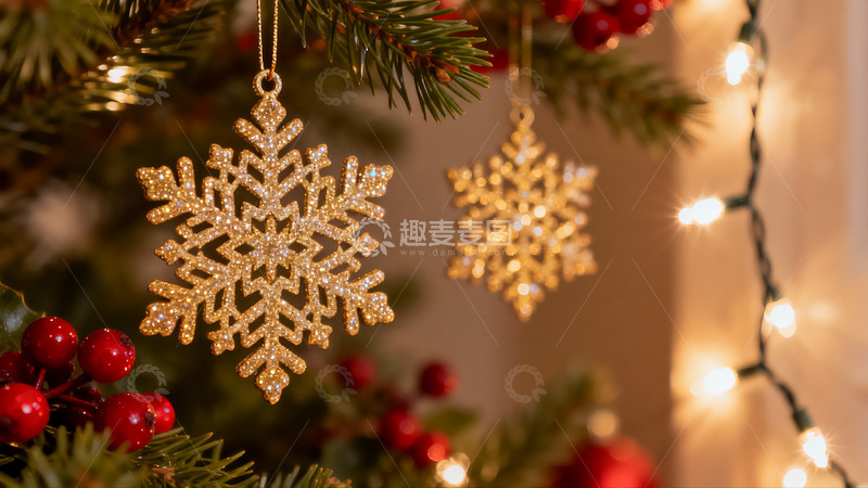 高清大图下载【趣麦麦图】圣诞树上的金色雪花挂饰