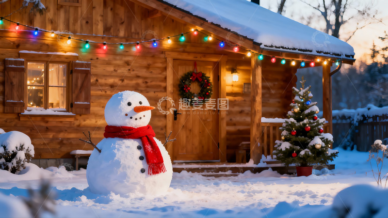高清大图下载【趣麦麦图】雪地木屋圣诞装饰温馨场景