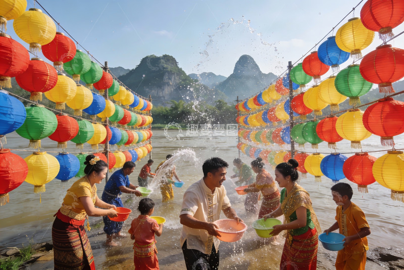 高清大图下载【趣麦麦图】河边泼水节欢庆场景