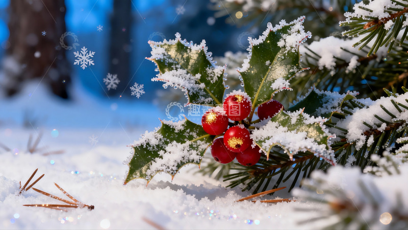 高清大图下载【趣麦麦图】雪中红果绿叶冬日静景