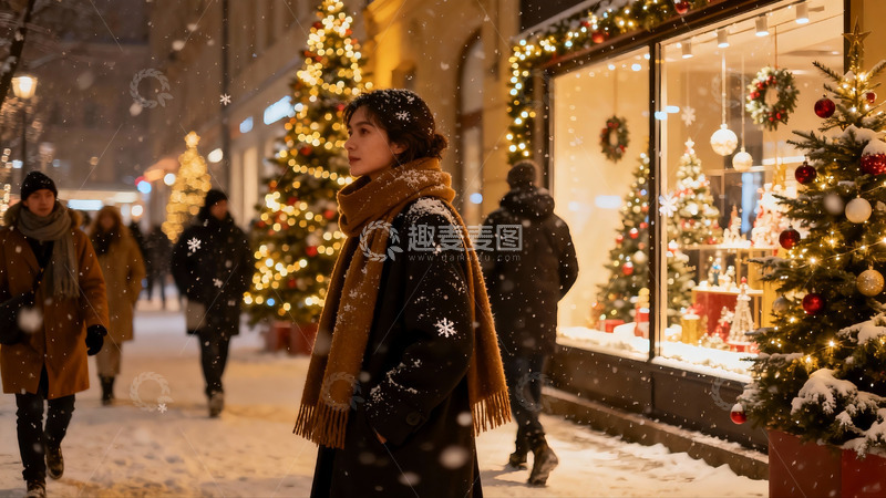 高清大图下载【趣麦麦图】雪夜圣诞街景行人漫步