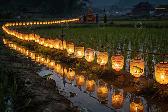 稻田夜灯映水蛙