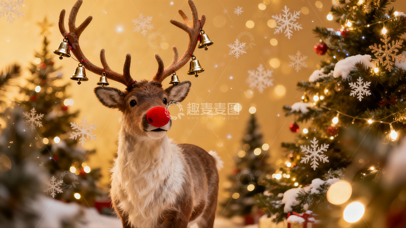 高清大图下载【趣麦麦图】圣诞驯鹿与装饰树的温馨场景