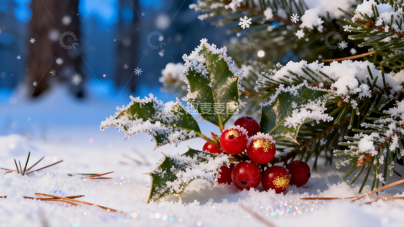 高清大图下载【趣麦麦图】雪中红果绿叶冬日美景