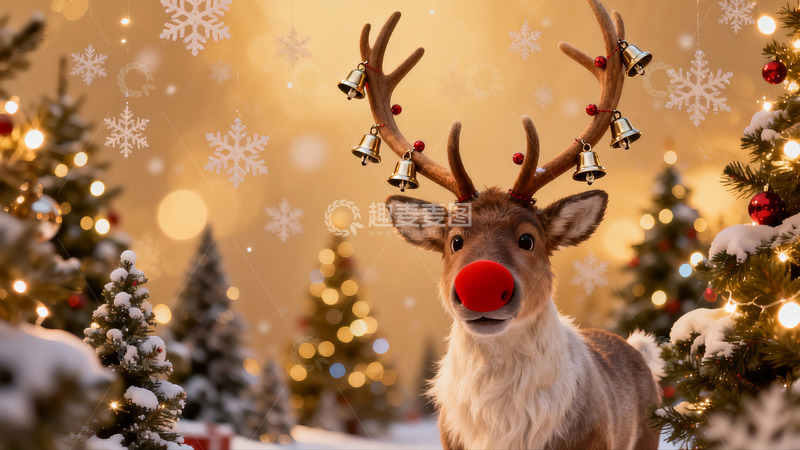 高清大图下载【趣麦麦图】圣诞驯鹿与雪夜松树