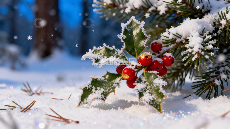 高清大图下载【趣麦麦图】雪覆冬青红果冬日静景