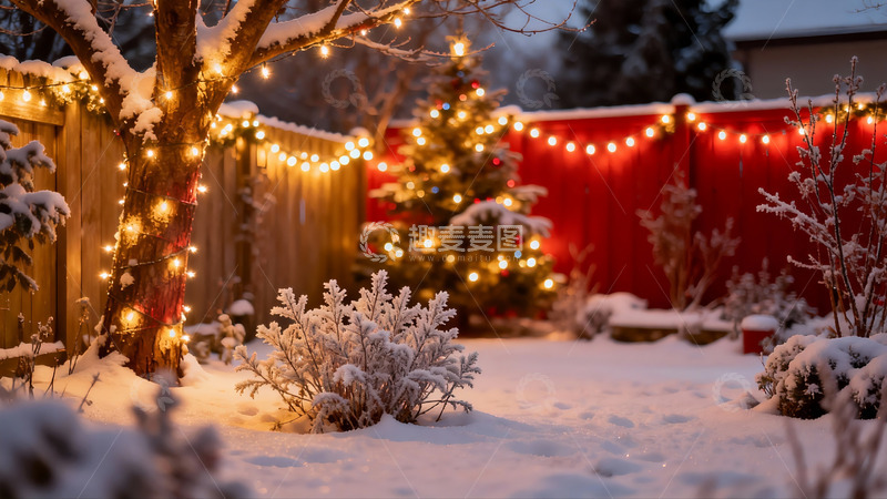 高清大图下载【趣麦麦图】雪夜庭院圣诞树灯光璀璨