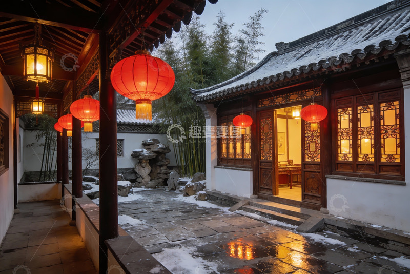 高清大图下载【趣麦麦图】雪夜古建筑庭院灯笼映照