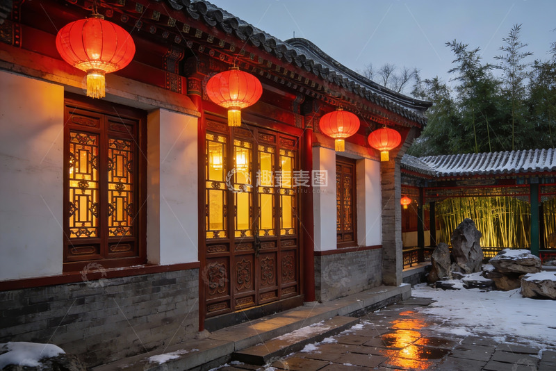 高清大图下载【趣麦麦图】雪夜古建筑红灯笼