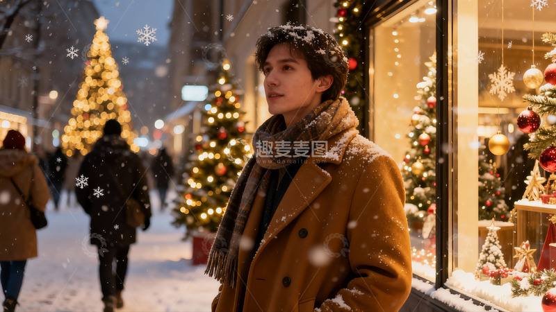 高清大图下载【趣麦麦图】雪夜圣诞街景行人