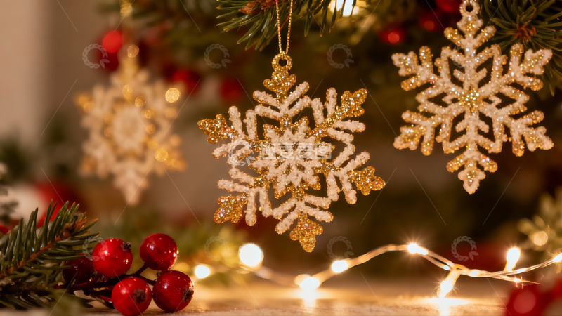 高清大图下载【趣麦麦图】圣诞树上的金色雪花挂饰