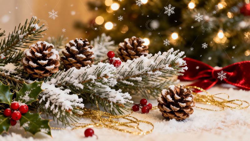 高清大图下载【趣麦麦图】圣诞松枝雪景装饰