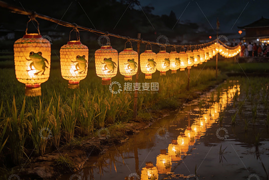 夜稻田灯笼映水景