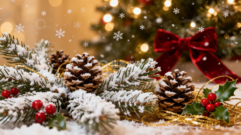 高清大图下载【趣麦麦图】圣诞装饰雪景松果红果