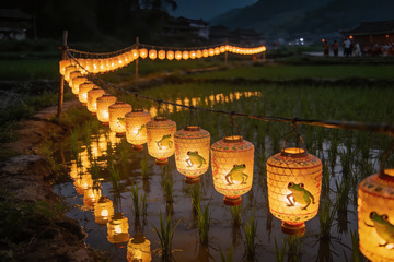 夜色稻田灯笼映水景