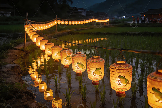 夜色稻田灯笼映水景