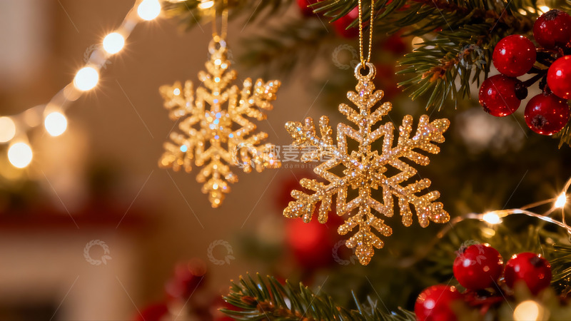 高清大图下载【趣麦麦图】圣诞树上的金色雪花挂饰