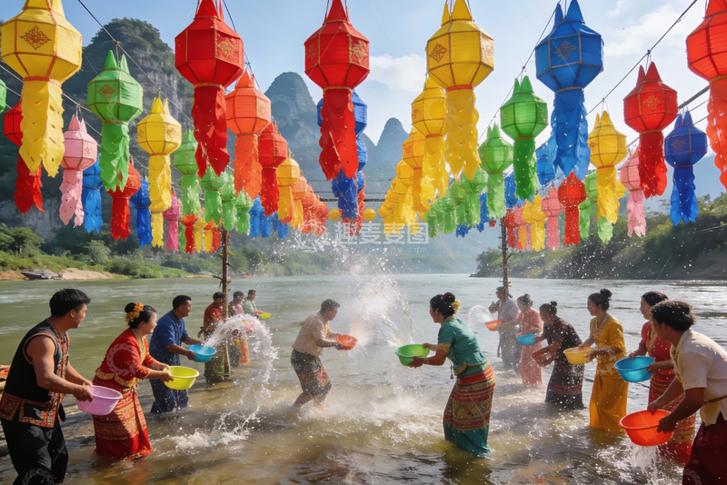 高清大图下载【趣麦麦图】河边泼水节欢庆场景